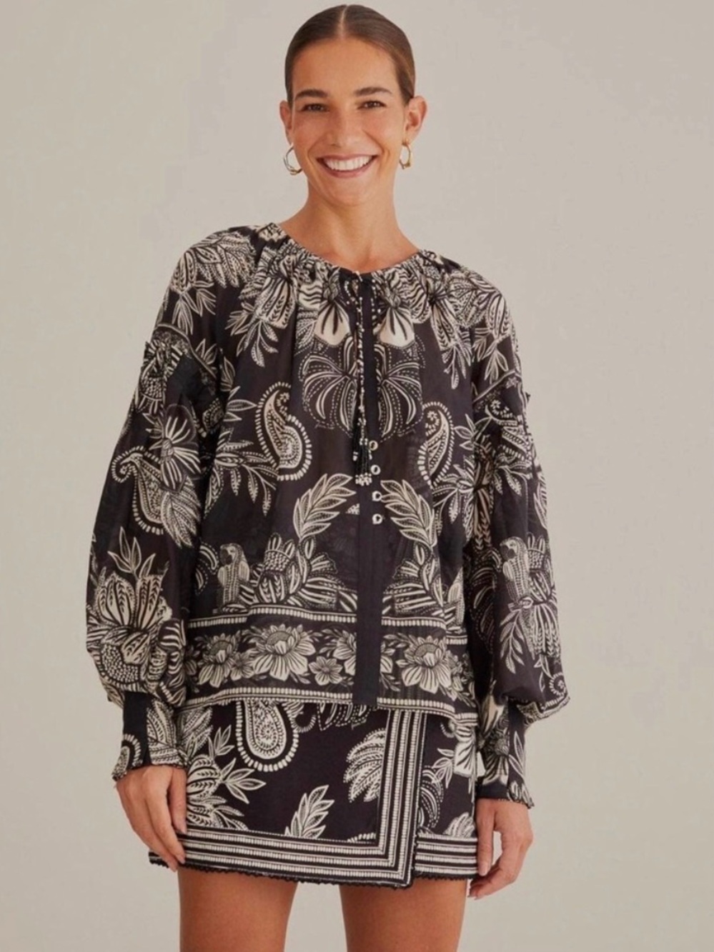FARM Rio Black & Cream Paisley Peasant Blouse